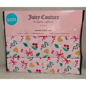 Juicy Couture Christmas Pink Green Queen Sheet Set Los Angeles NWT